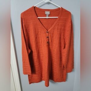Chico's Orange V-Neck 3/4 Sleeve Ribbed Blouse Size 3